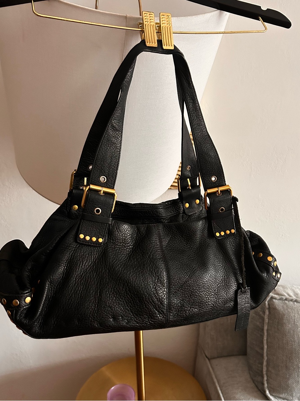 Vtg Y2K Black Leather Shoulder Bag Studded Indie Moto Grunge 2000’s Aqua Madonna